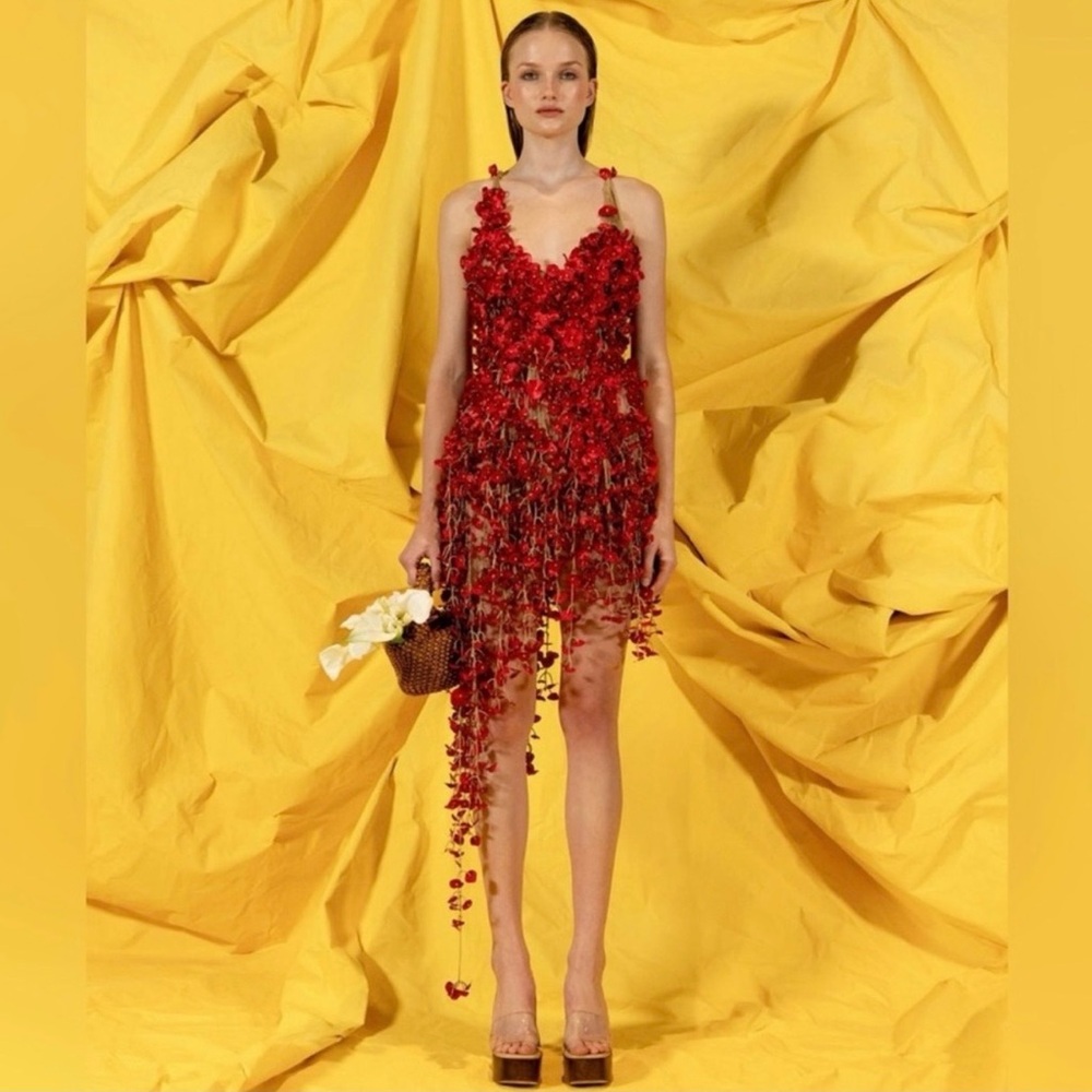 BNWT  SOLD OUT Cult Gaia Red appliqué handmade Floral Mini Dress M